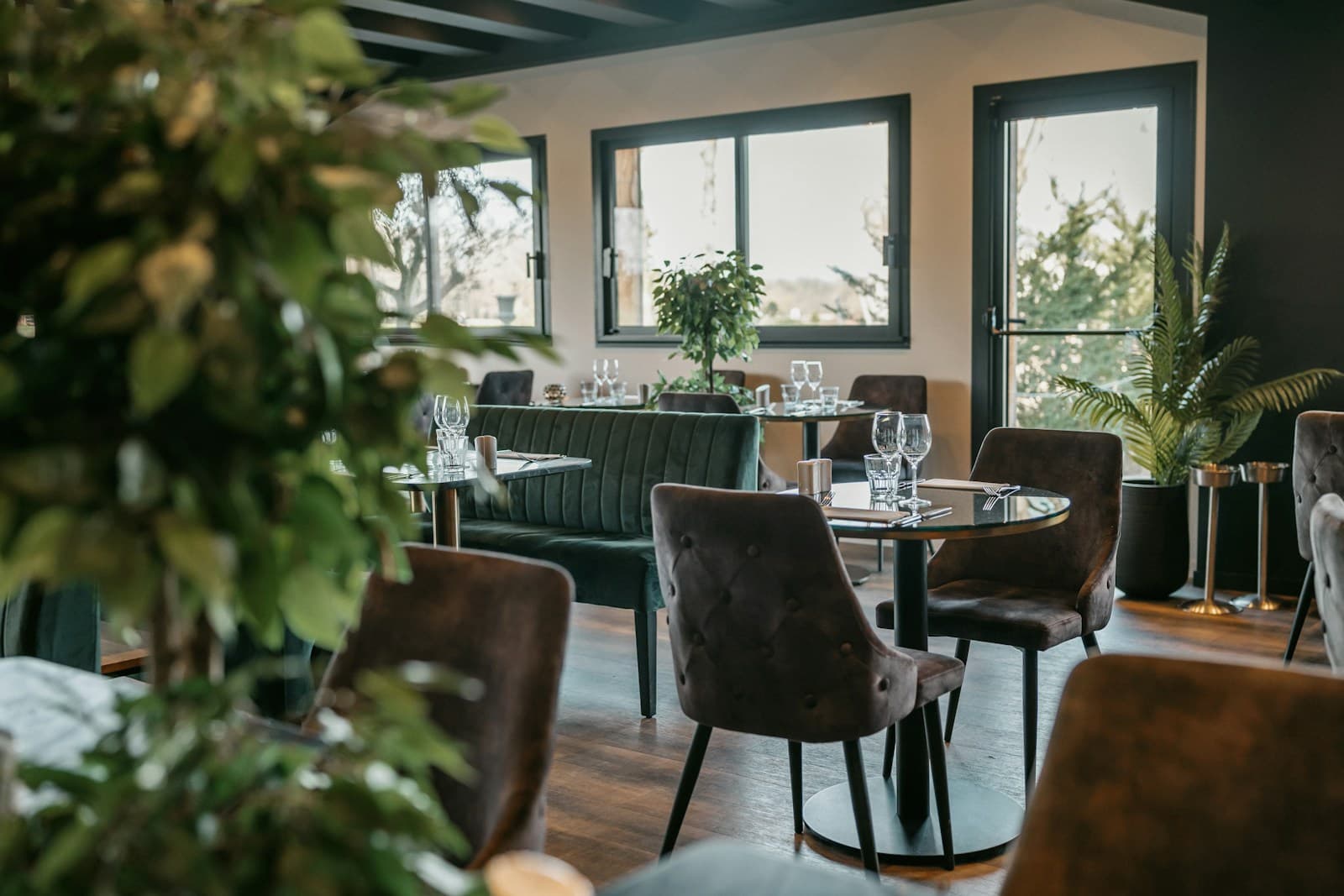 Counter-service restaurant dining area with warm lighting